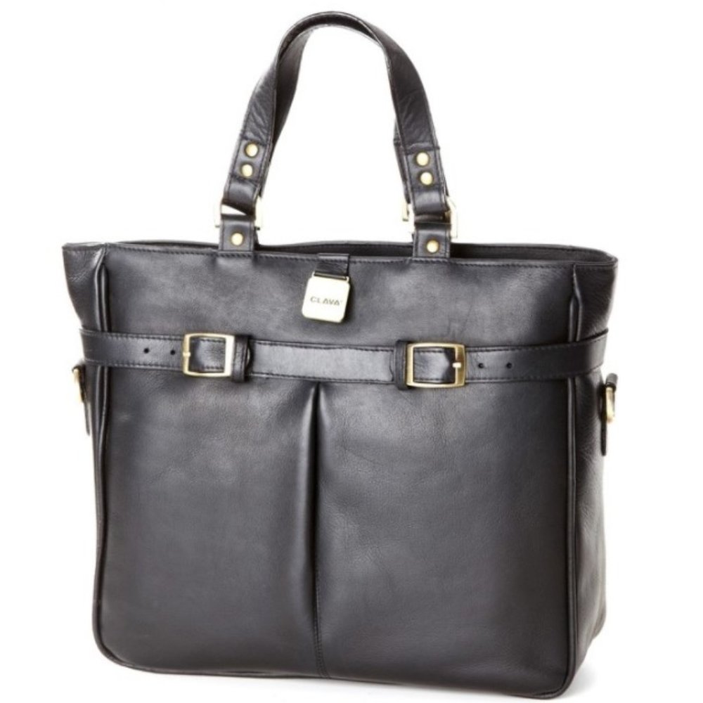 CLAVA Vachetta Black Leather Pleated Buckle Tote